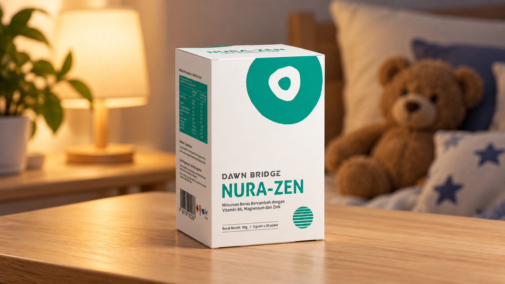 Hộp sản phẩm Nura-Zen trong không gian phòng ngủ an lành của con